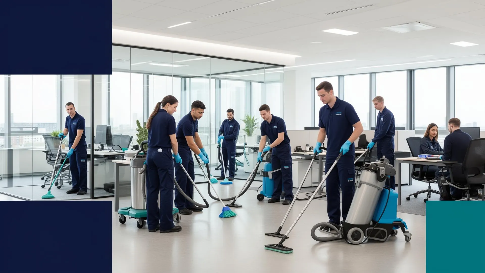 Uniformed janitorial crew vacuuming and mopping a bright Salt Lake City office